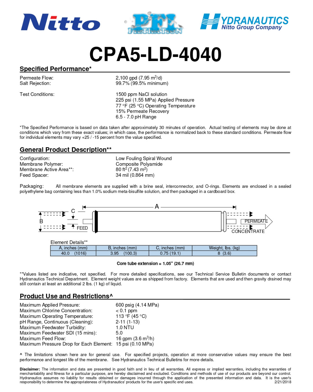Hydranautics CPA5-LD-4040 Datasheet