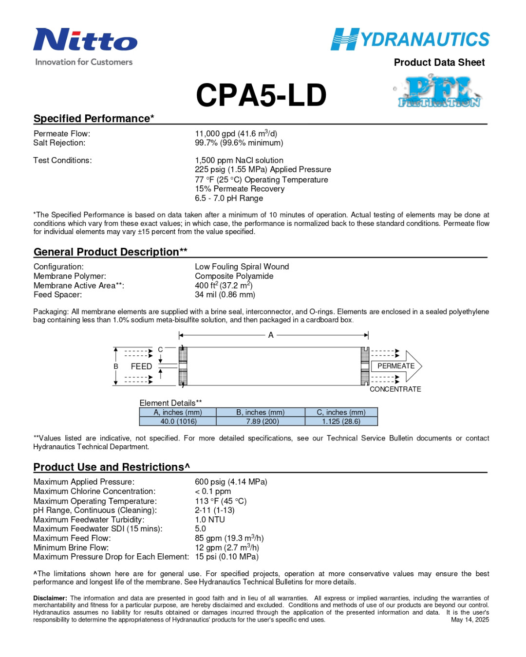Hydranautics CPA5-LD RO Membrane Data sheet