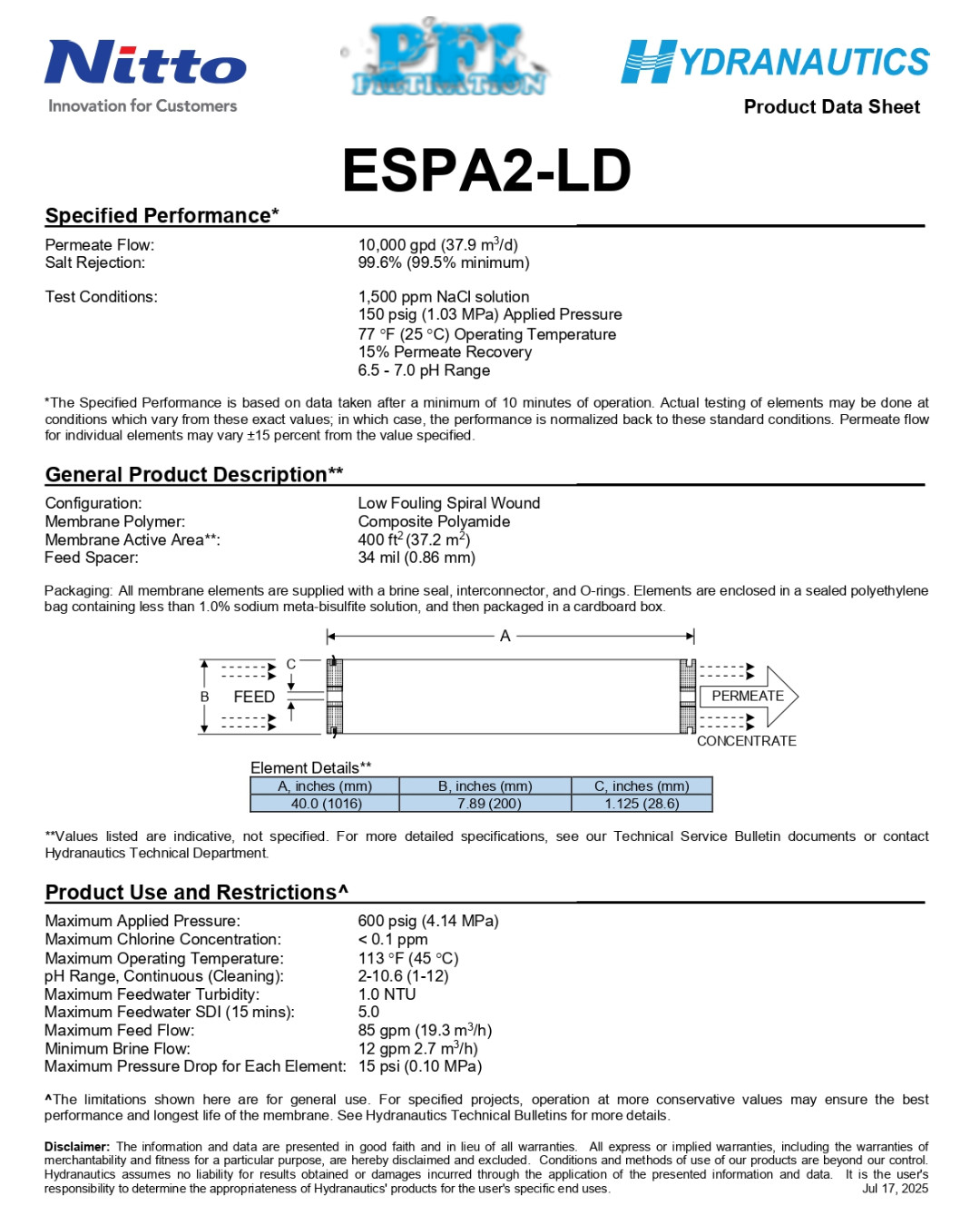 Hydranautics ESPA2-LD Datasheet