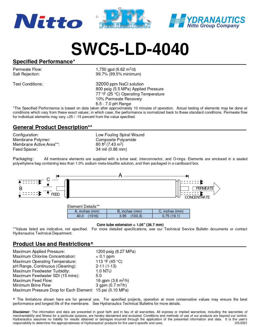 Hydranautics SWC5-LD-4040 RO Membrane Datasheet