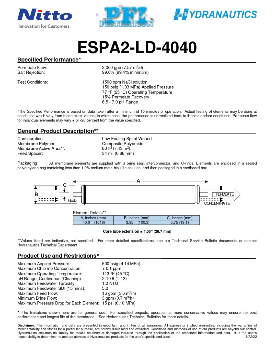 Hydranautics ESPA2-LD-4040 datasheet